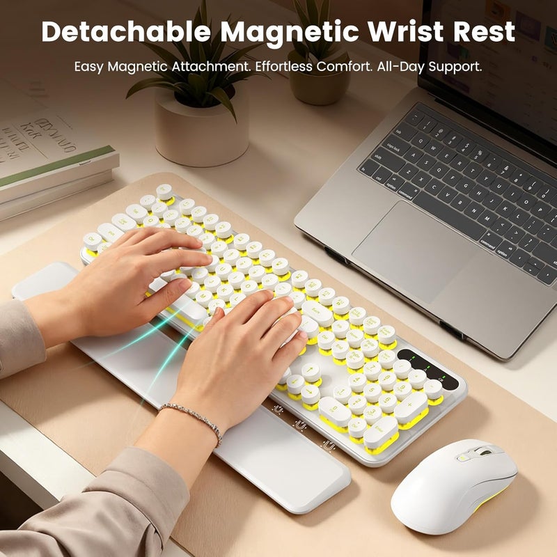 SABLUTE Wireless Keyboard and Mouse Combo, Backlit Round Keycaps, Retro Typewriter Keyboard with Detachable Wrist Rest, Rechargeable & Tilt Legs, 2.4GHz Cordless Connection for Windows/PC (Glowing White) - Image 3